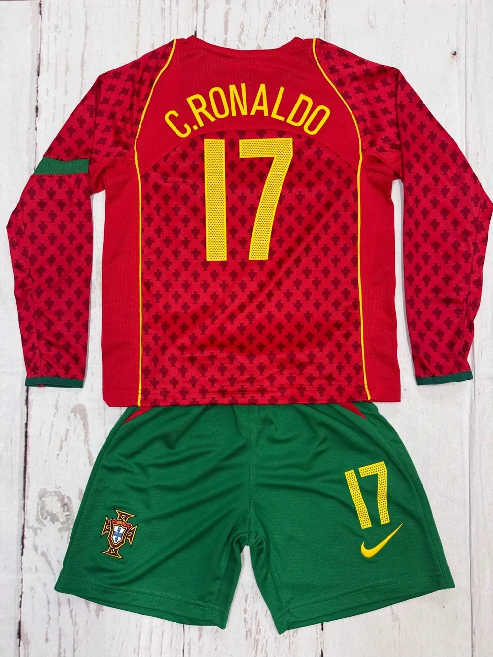 YOUTH Ronaldo Retro Jersey Long Sleeve Vintage Portugal Kit (Jersey + Shorts)
